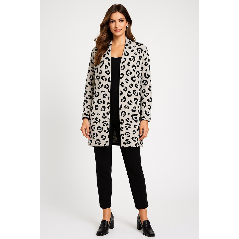 Tahari Cardigan Womens S Beige Black Open‎ Leopard Print Longline Modern Sweater